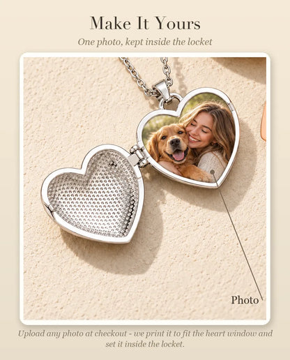 Personalisation guide showing where your photo goes inside the dog lover heart photo locket