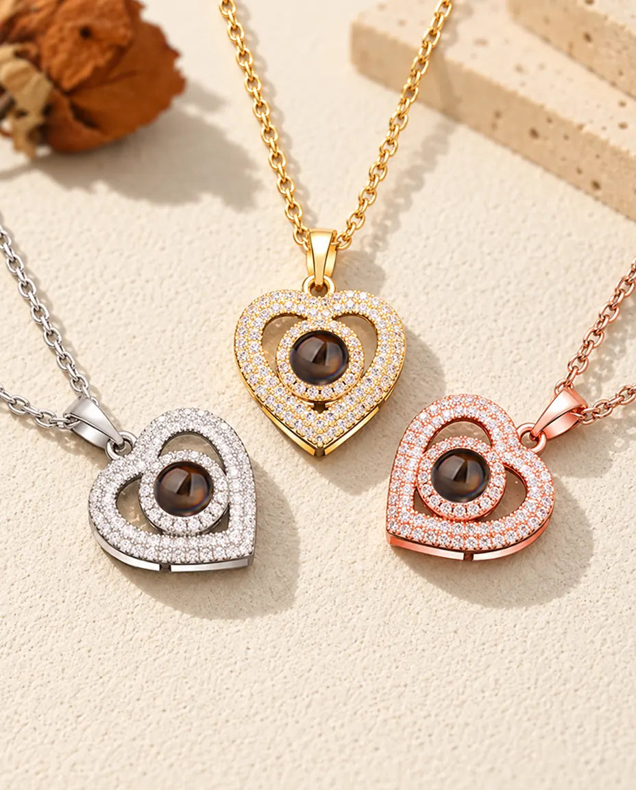 Double heart pave projection necklaces in silver tone, gold tone and rose gold tone