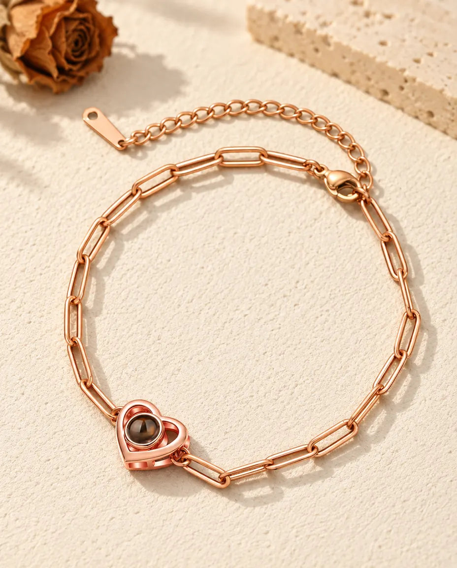 Rose gold tone double heart photo projection bracelet with lobster clasp and extender