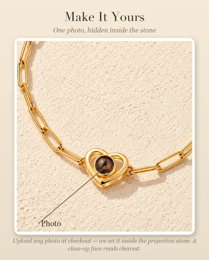 Personalisation guide showing where your photo goes inside the projection stone of the double heart charm