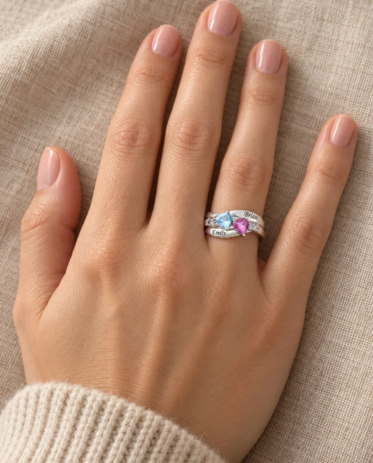 Personalised Dual Heart Birthstone Name Ring - worn on the hand