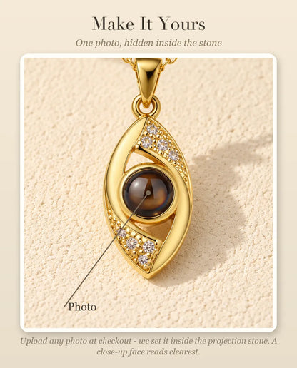 Personalisation guide showing where your photo goes inside the projection stone of the evil eye necklace