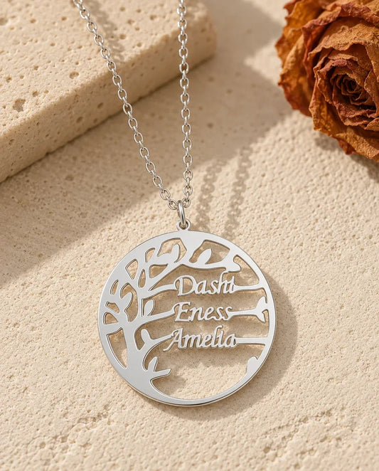 Tree of Life Family Name Necklace - front view in silver