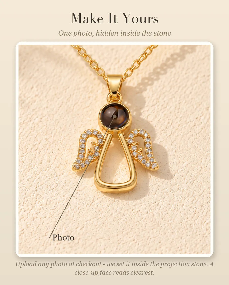 Personalisation guide showing where your photo goes inside the projection stone of the angel necklace