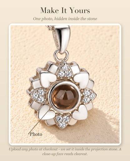 Personalisation guide showing where your photo goes inside the projection stone of the heart flower necklace
