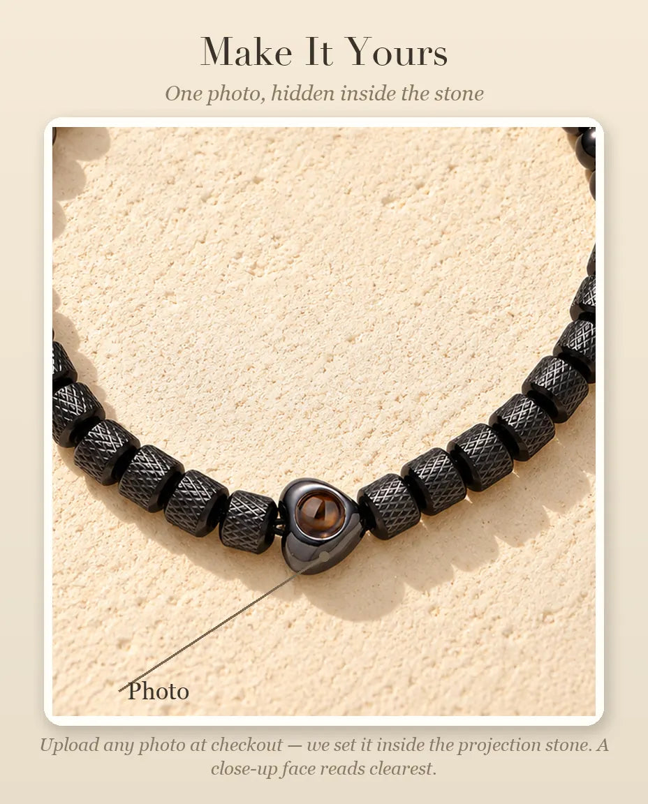 Personalisation guide showing where your photo goes inside the heart projection bead