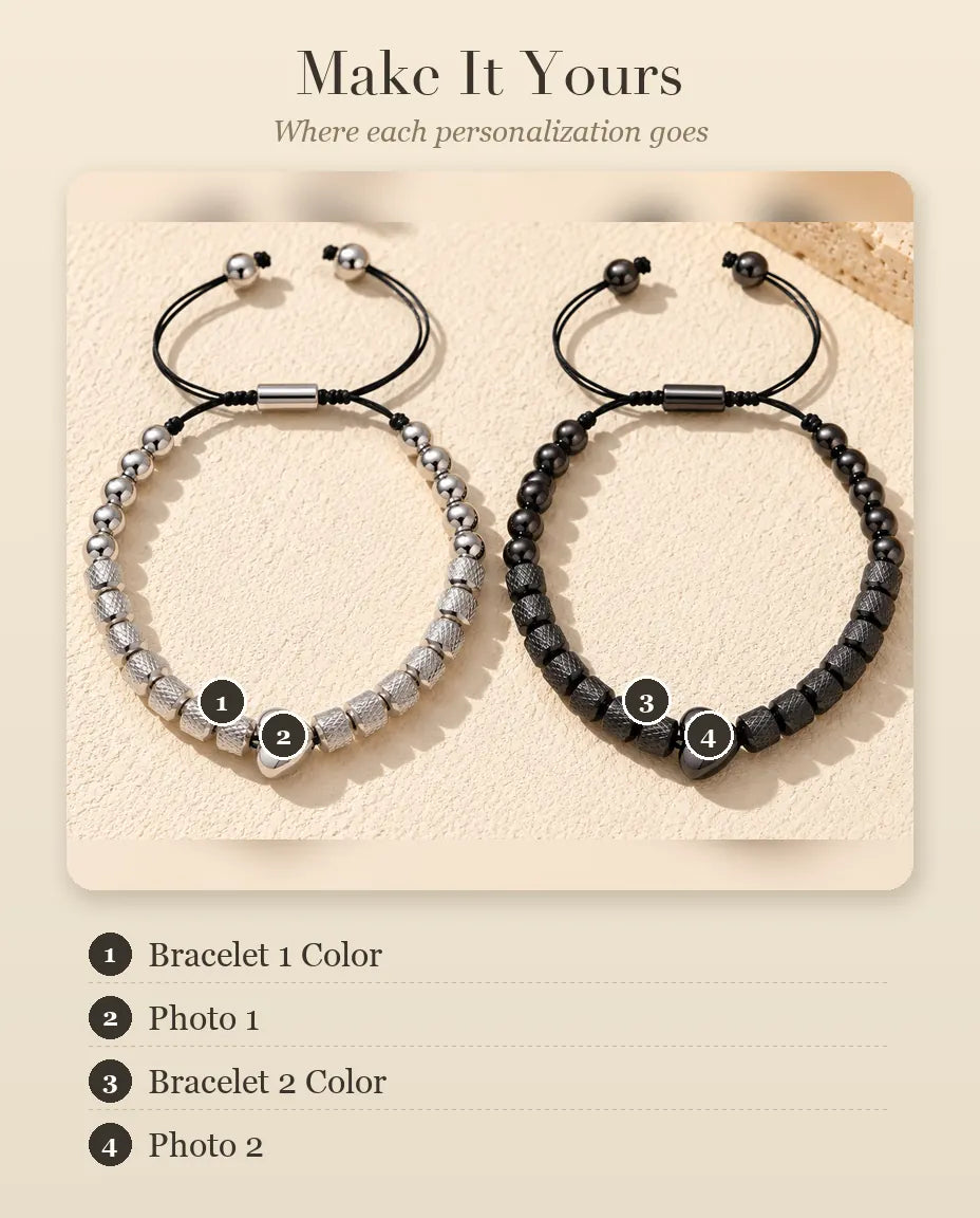 Personalisation guide showing Bracelet 1 Colour, Photo 1, Bracelet 2 Colour and Photo 2 on the couples bracelets