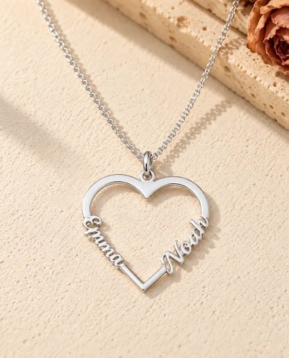 Personalised Heart Name Necklace in 925 Sterling Silver - Open Heart with Two Script Names - front view in silver