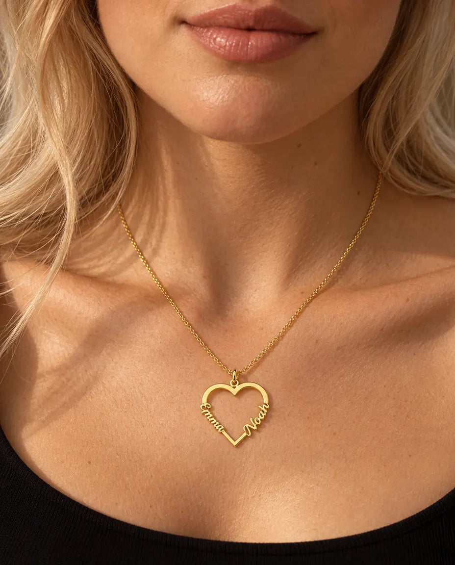 Personalised Heart Name Necklace in 925 Sterling Silver - Open Heart with Two Script Names - worn on a model in gold