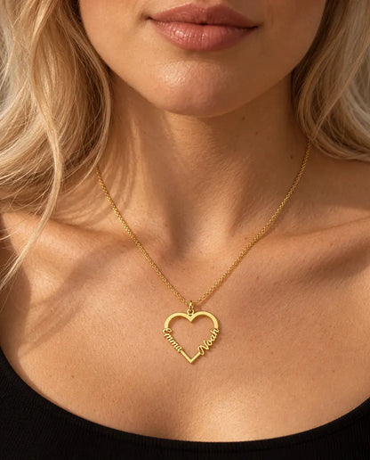 Personalised Heart Name Necklace in 925 Sterling Silver - Open Heart with Two Script Names - worn on a model in gold