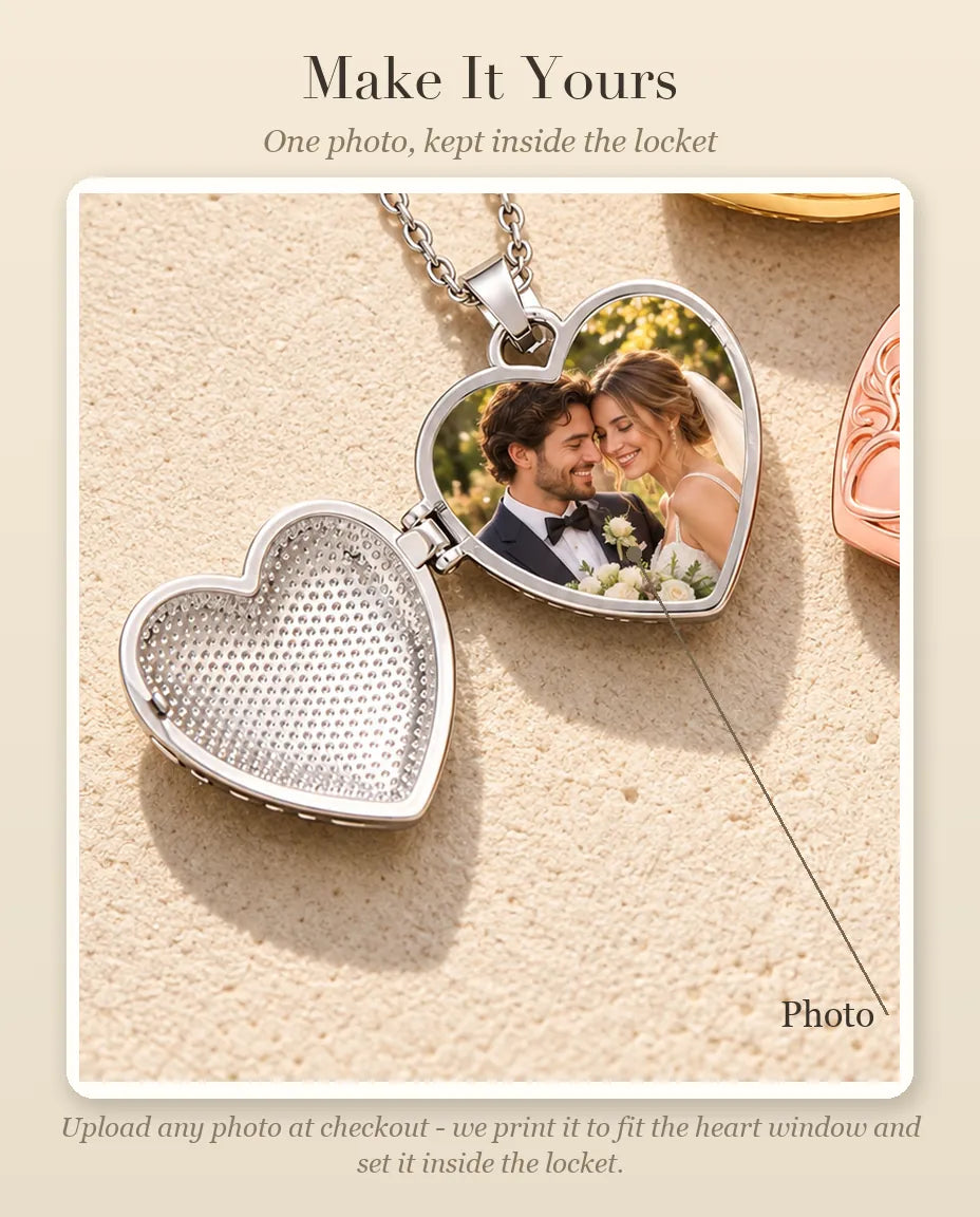 Personalisation guide showing where your photo goes inside the lotus flower heart photo locket