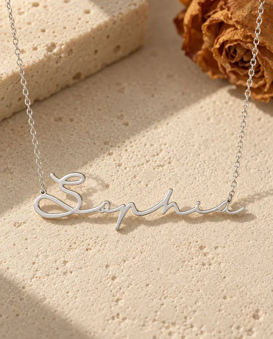 Personalised Cursive Name Necklace - front view in silver