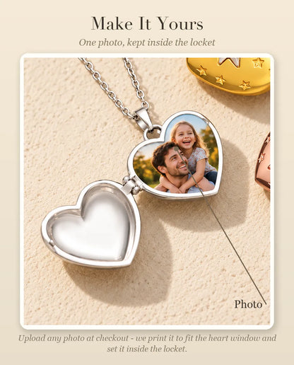 Personalisation guide showing where your photo goes inside the north star heart photo locket