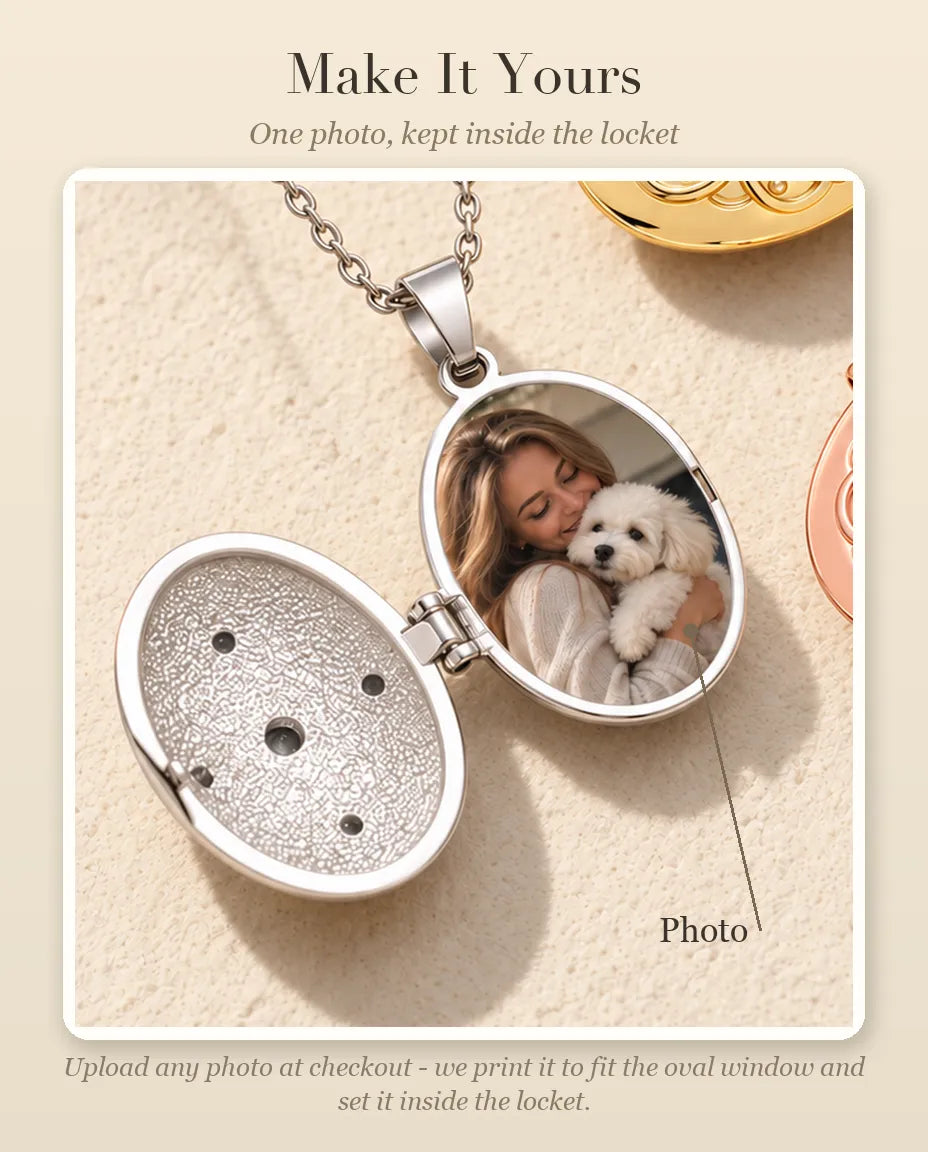 Personalisation guide showing where your photo goes inside the oval locket
