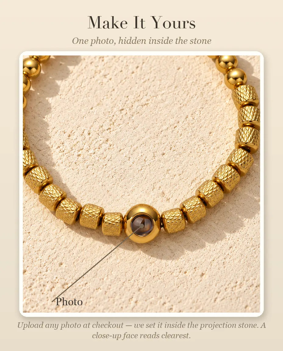 Personalisation guide showing where your photo goes inside the round projection bead