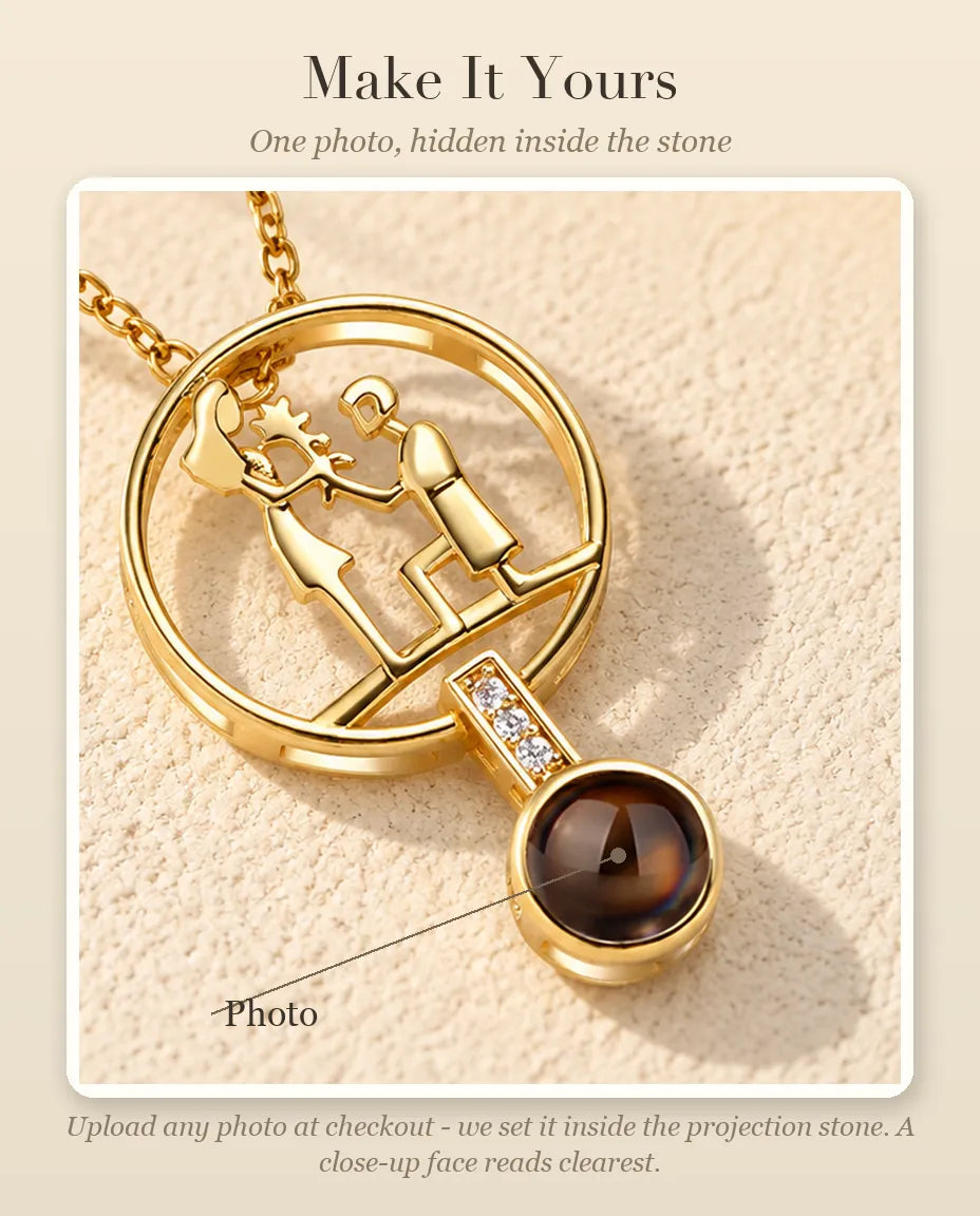 Personalisation guide showing where your photo goes inside the projection stone of the proposal necklace