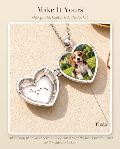 Personalisation guide showing where your photo goes inside the puppy heart photo locket