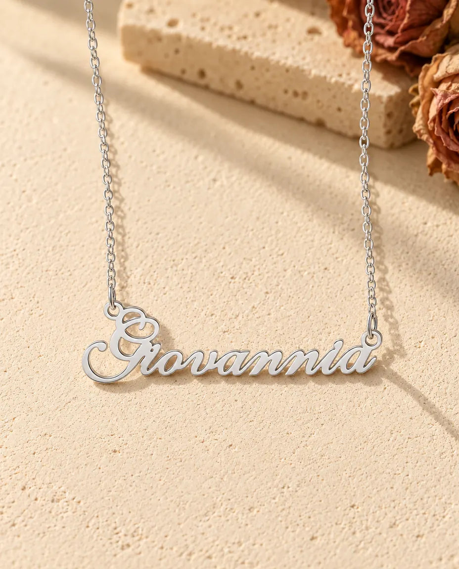 Personalised Name Necklace in 925 Sterling Silver - Custom Script Nameplate - front view in silver