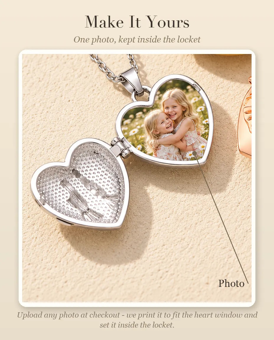 Personalisation guide showing where your photo goes inside the sisters heart photo locket