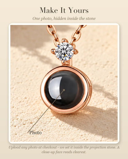 Personalisation guide showing where your photo goes inside the projection stone of the solitaire necklace