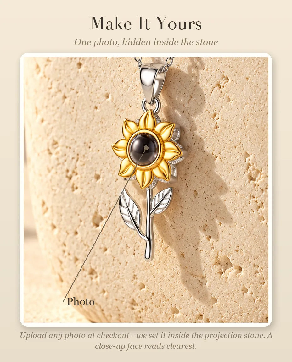 Personalisation guide showing where your photo goes inside the projection stone of the sunflower necklace