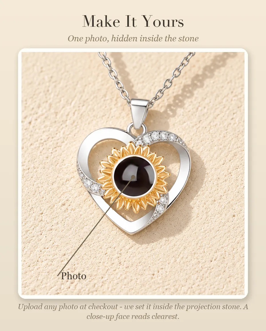 Personalisation guide showing where your photo goes inside the projection stone of the sunflower heart necklace
