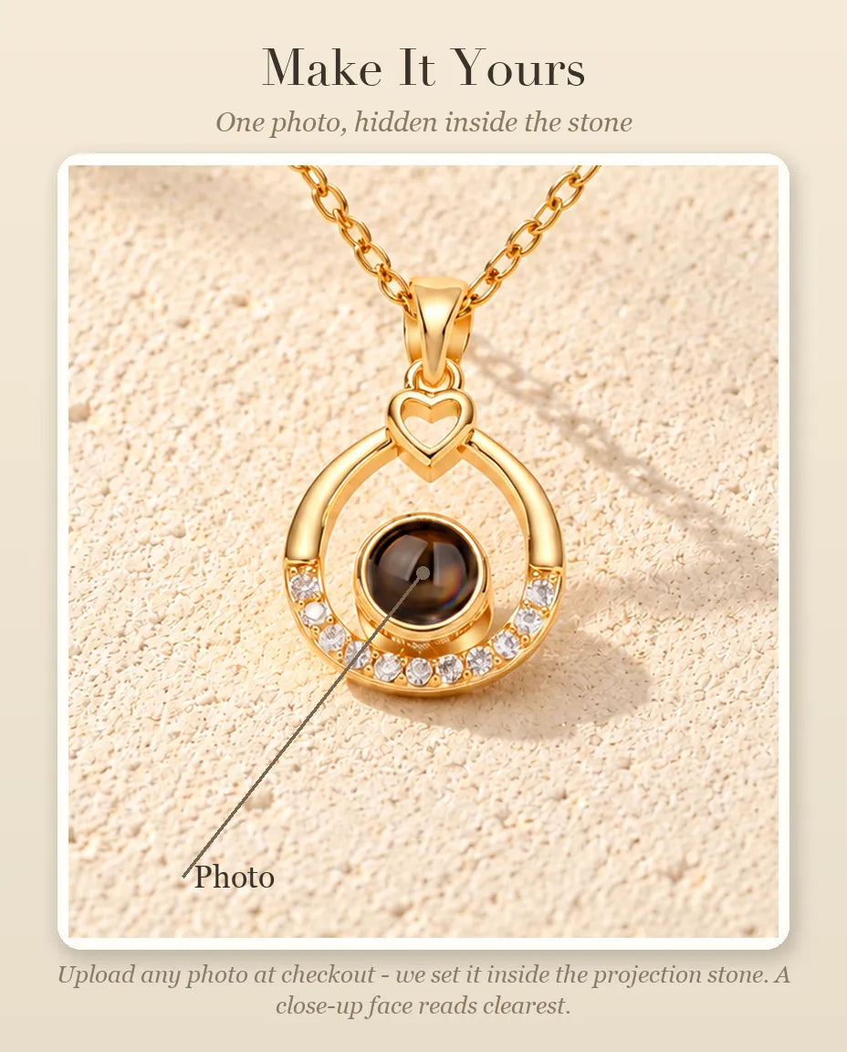 Personalisation guide showing where your photo goes inside the projection stone of the teardrop necklace
