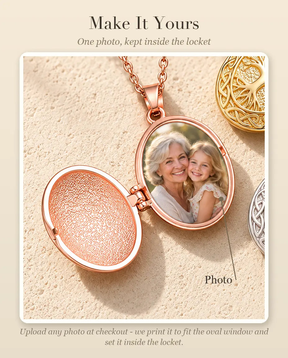 Personalisation guide showing where your photo goes inside the oval tree of life locket