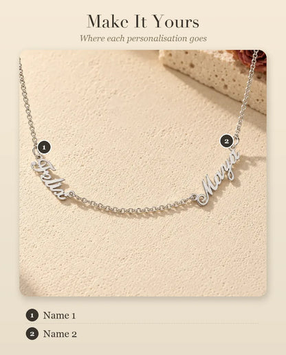 Personalised Two Name Necklace in 925 Sterling Silver - Two Script Nameplates Joined by Chain - personalisation guide: where your name goes