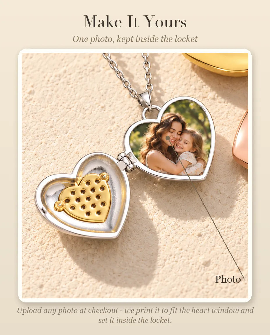 Personalisation guide showing where your photo goes inside the two-tone pave heart photo locket