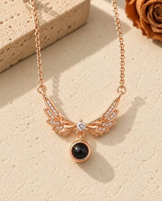 Personalised Angel Wing Photo Projection Necklace in Rose Gold - in rose gold finish