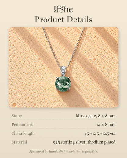 Round Moss Agate Solitaire Necklace in 925 Sterling Silver - product details with stones, pendant size, chain length and material