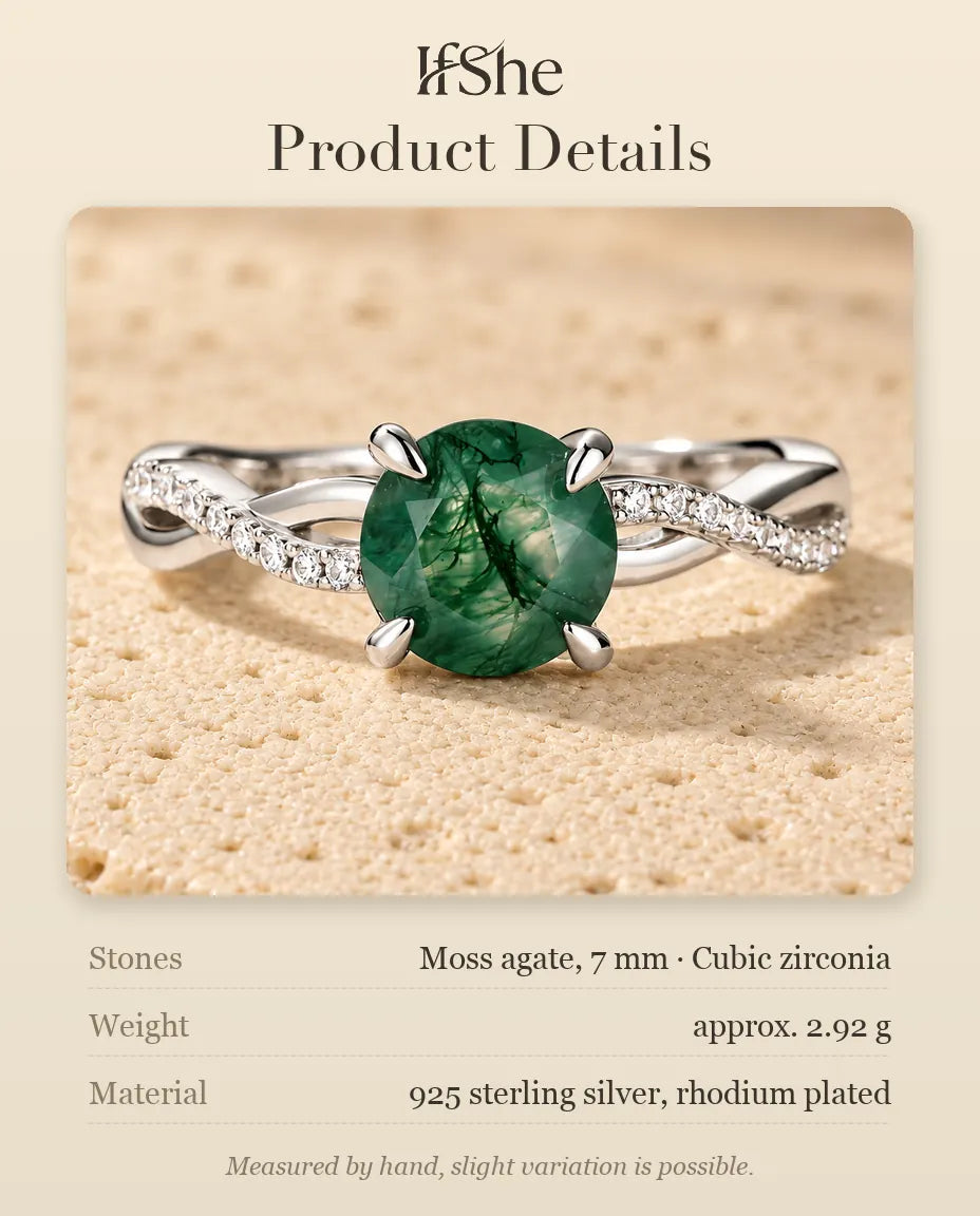 Round Moss Agate Engagement Ring in 925 Sterling Silver - product details with stone size, weight and material