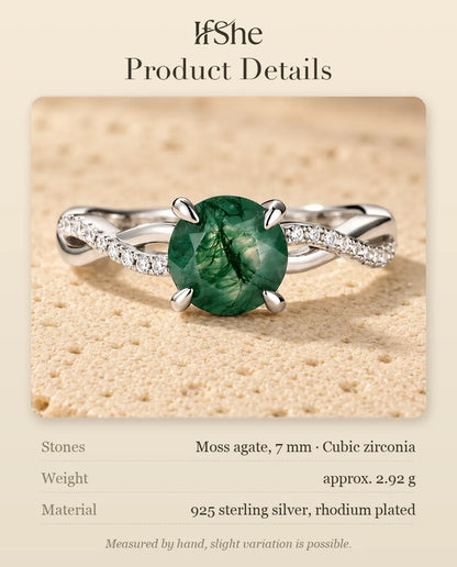 Round Moss Agate Engagement Ring in 925 Sterling Silver - product details with stone size, weight and material