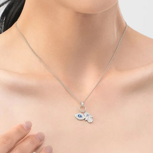 Sterling Silver Evil Eye Necklace - Turkish Blue Eye Necklace - Hamsa Hand Necklace