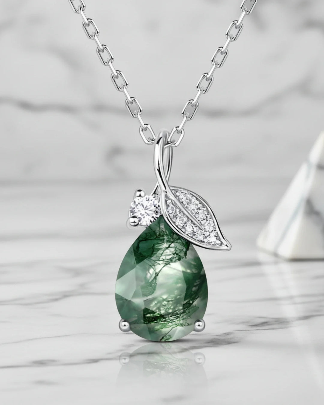 Sterling Silver Moss Agate Teardrop Necklace