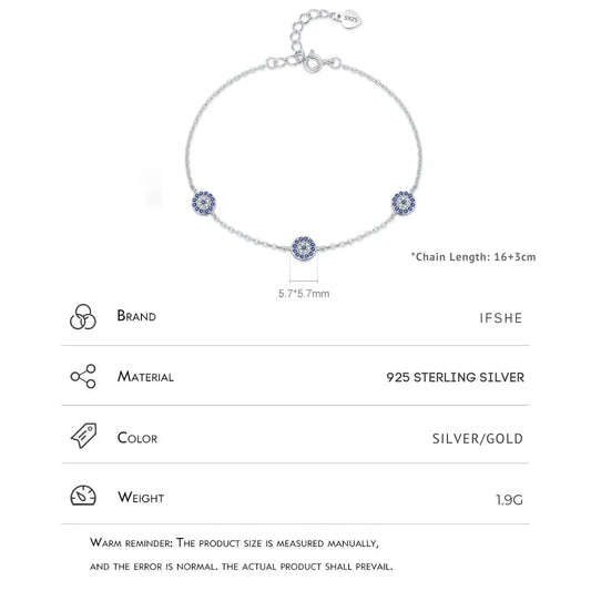 Three-Charm Sterling Silver Evil Eye Bracelet - Turkish Eye Bracelet